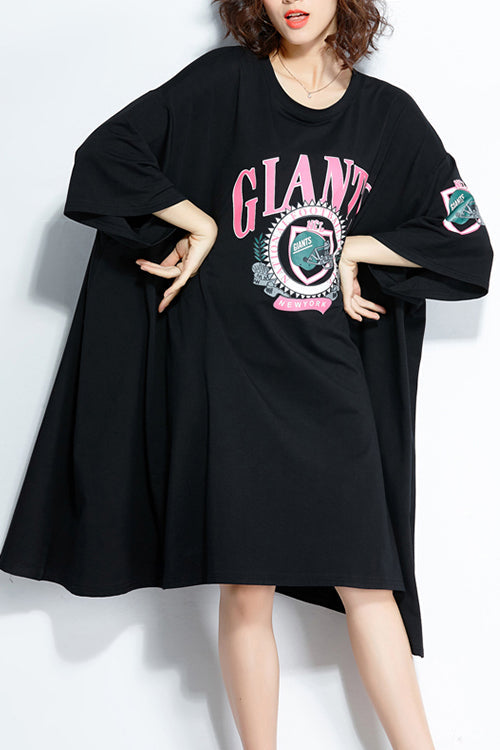 Chic o neck baggy Baumwolle plus größe Tunika Tops schwarz lose Kleider sommer