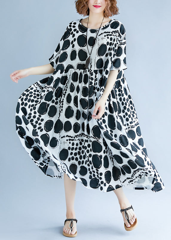 Chic o neck Extra große saum baumwolle leinen kleidung Für Frauen Runway schwarz gepunktete Art Kleid Sommer