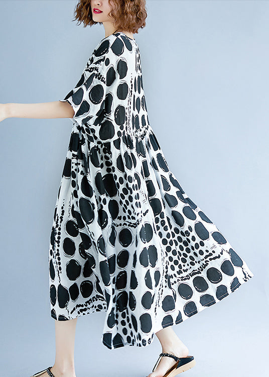 Chic o neck Extra große saum baumwolle leinen kleidung Für Frauen Runway schwarz gepunktete Art Kleid Sommer