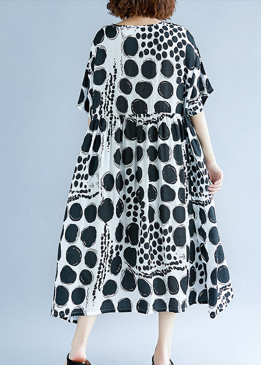 Chic o neck Extra große saum baumwolle leinen kleidung Für Frauen Runway schwarz gepunktete Art Kleid Sommer