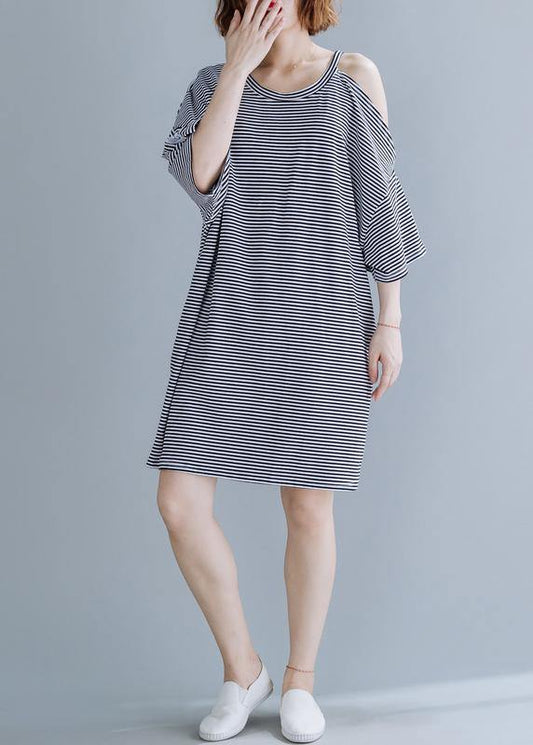 Chic o neck side open Cotton tunic dressSewing black striped Dress - SooLinen