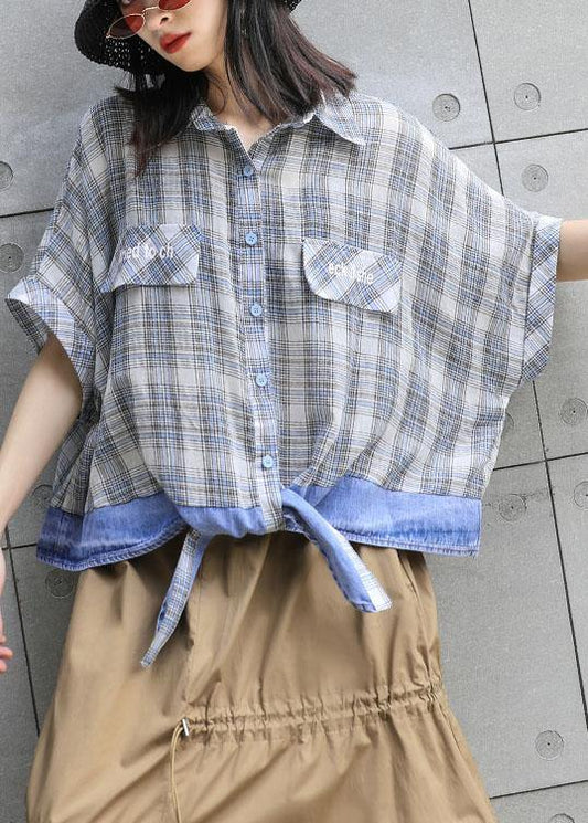 Chic patchwork plaid cotton box top lapel collar oversized summer blouse - SooLinen