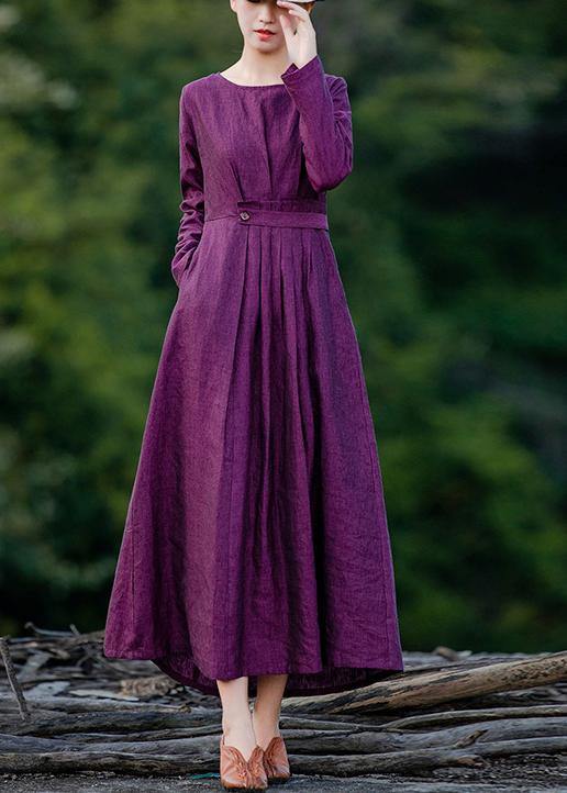 Chic purple clothes For Women o neck Cinched Maxi spring Dresses - SooLinen