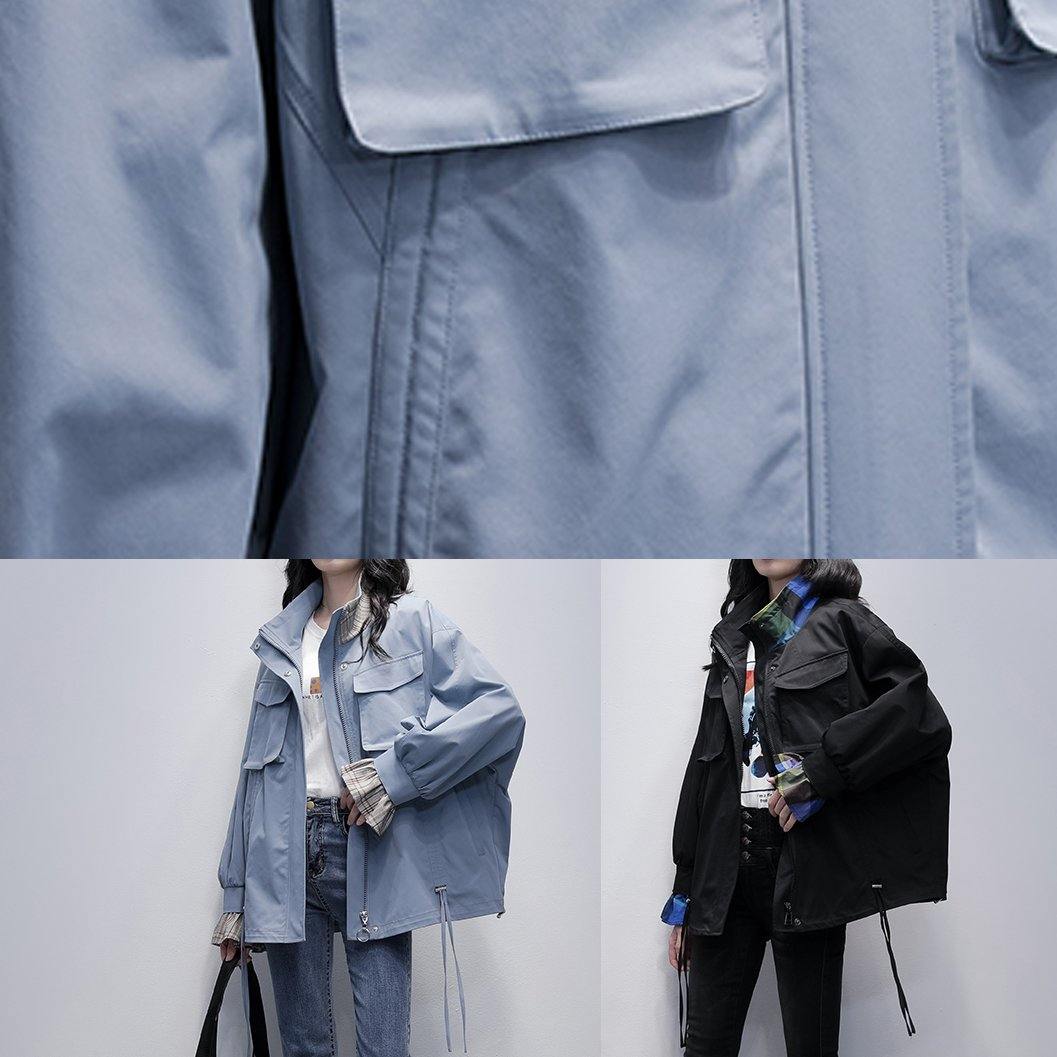 Chic stand collar flare sleeve clothes blue baggy women coats - SooLinen