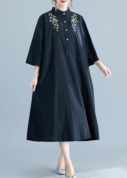 Chic stand collar pockets cotton Wardrobes linen black embroidery long Dress summer - SooLinen