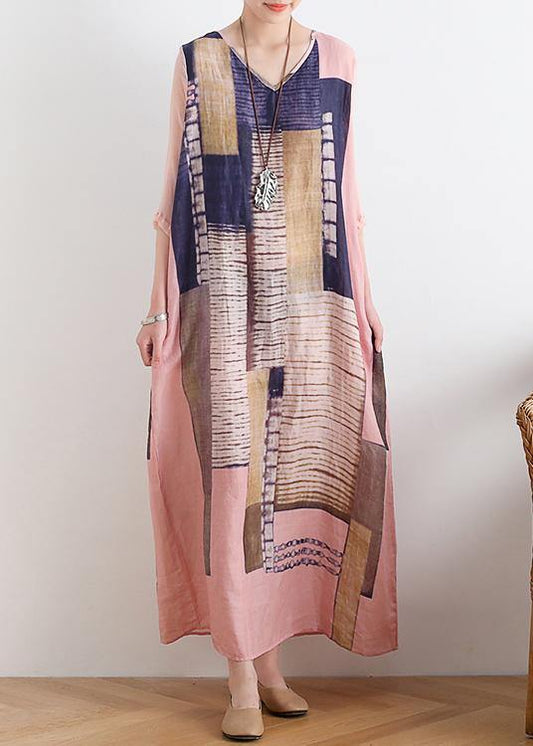 Chic v neck pocketys dresses Photography pink striped Dress - SooLinen