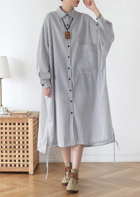 Chic white striped outfit lapel Batwing Sleeve Art fall Dress - SooLinen