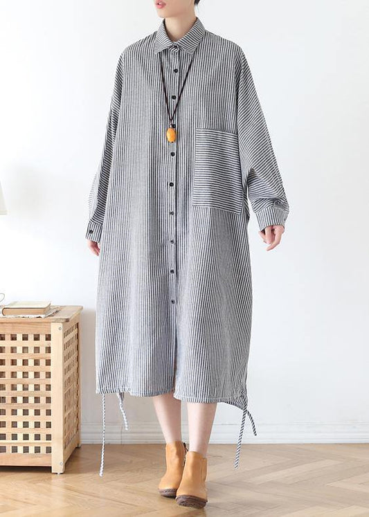 Chic white striped outfit lapel Batwing Sleeve Art fall Dress - SooLinen