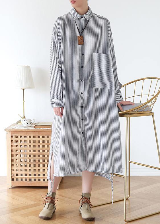 Chic white striped outfit lapel Batwing Sleeve Art fall Dress - SooLinen