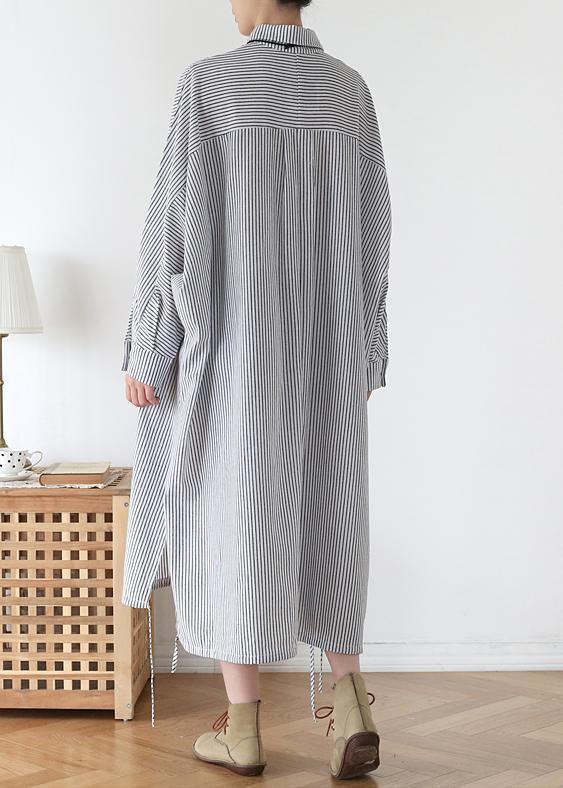Chic white striped outfit lapel Batwing Sleeve Art fall Dress - SooLinen
