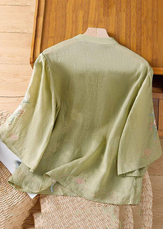 Chinese Style Apricot Embroidered Floral Button Shirt Spring