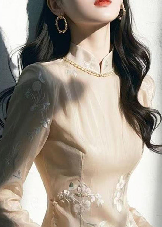 Top de tul fino bordado con cuello alto de albaricoque estilo chino para primavera