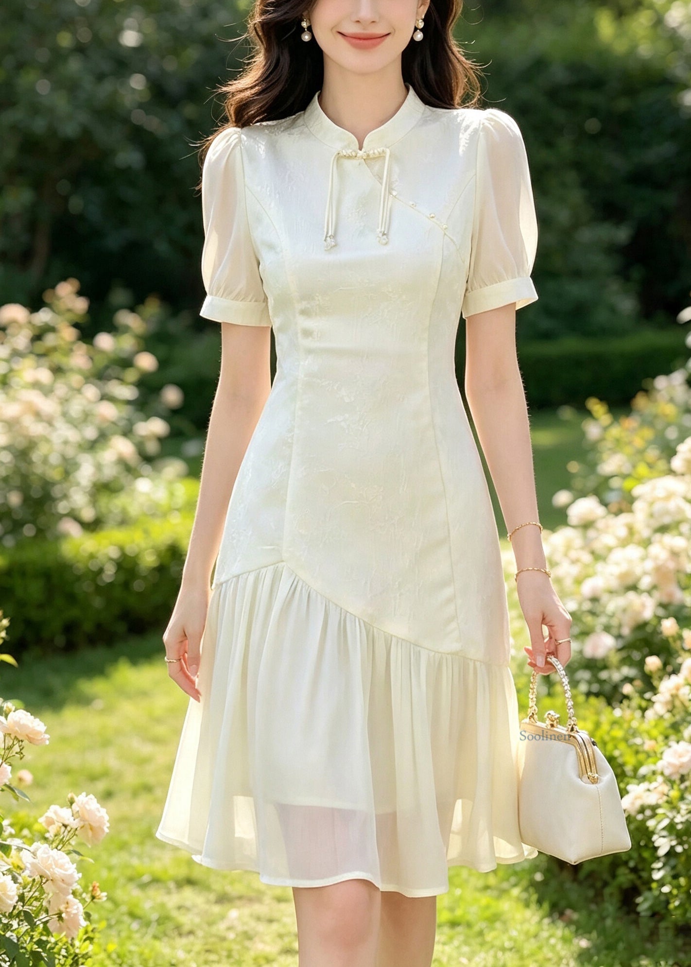 Chinese Style Apricot Stand Collar Patchwork Maxi Dress Summer