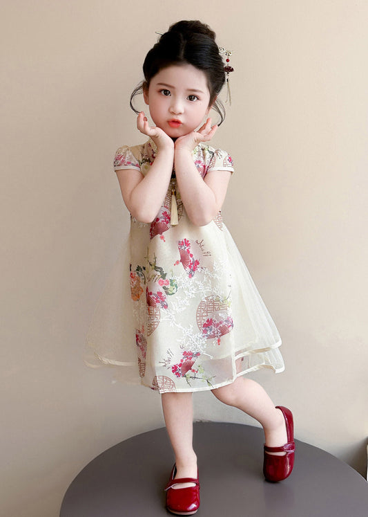 Chinese Style Apricot Stand Collar Print Tulle Kids Long Dresses Short Sleeve