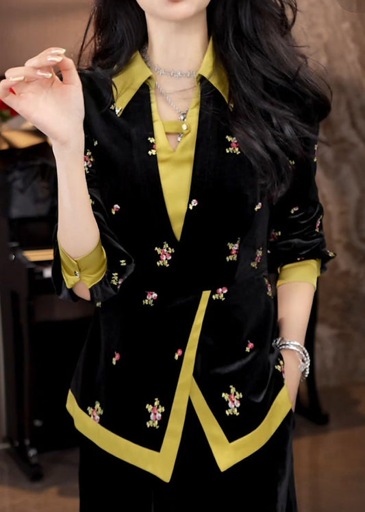Chinese Style Black Embroidered Chiffon Shirt Tops Spring