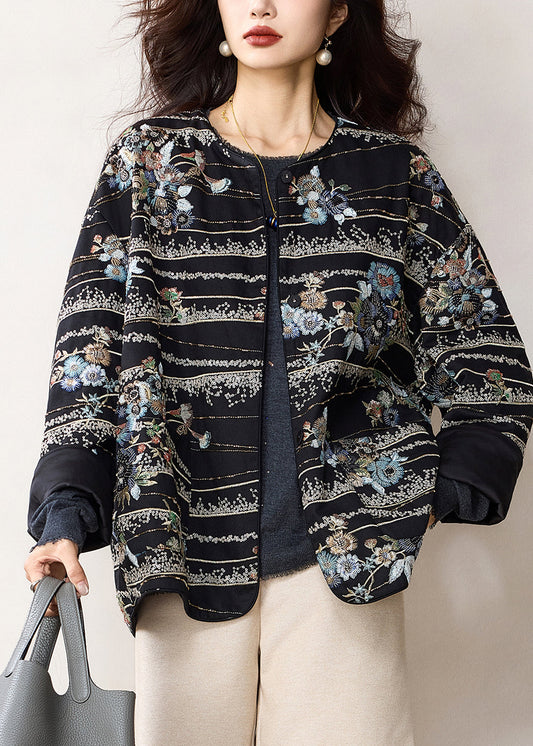 Schwarzer, bestickter Pailletten-Baumwollmantel im chinesischen Stil für den Frühling