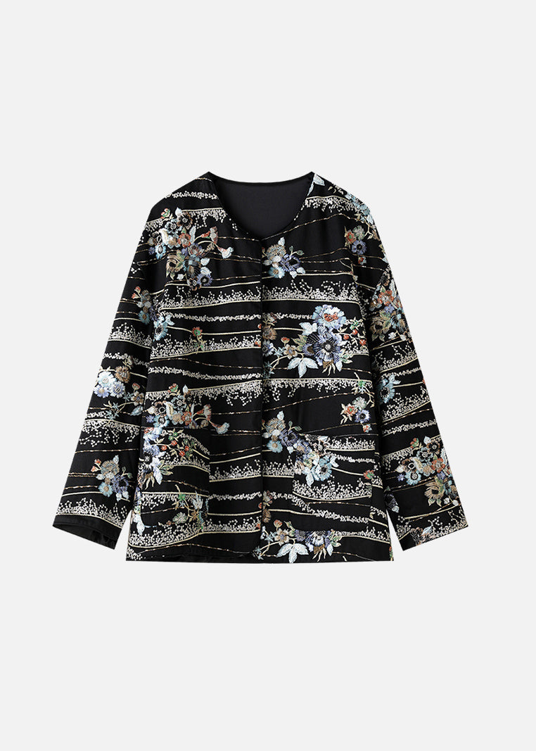 Schwarzer, bestickter Pailletten-Baumwollmantel im chinesischen Stil für den Frühling