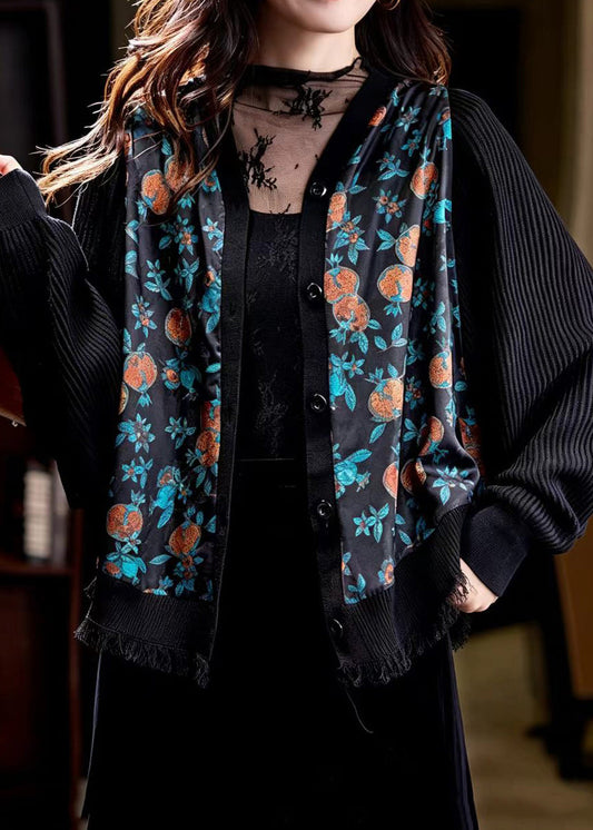 Chinese Style Black Jacquard Patchwork Knit Cardigan Batwing Sleeve