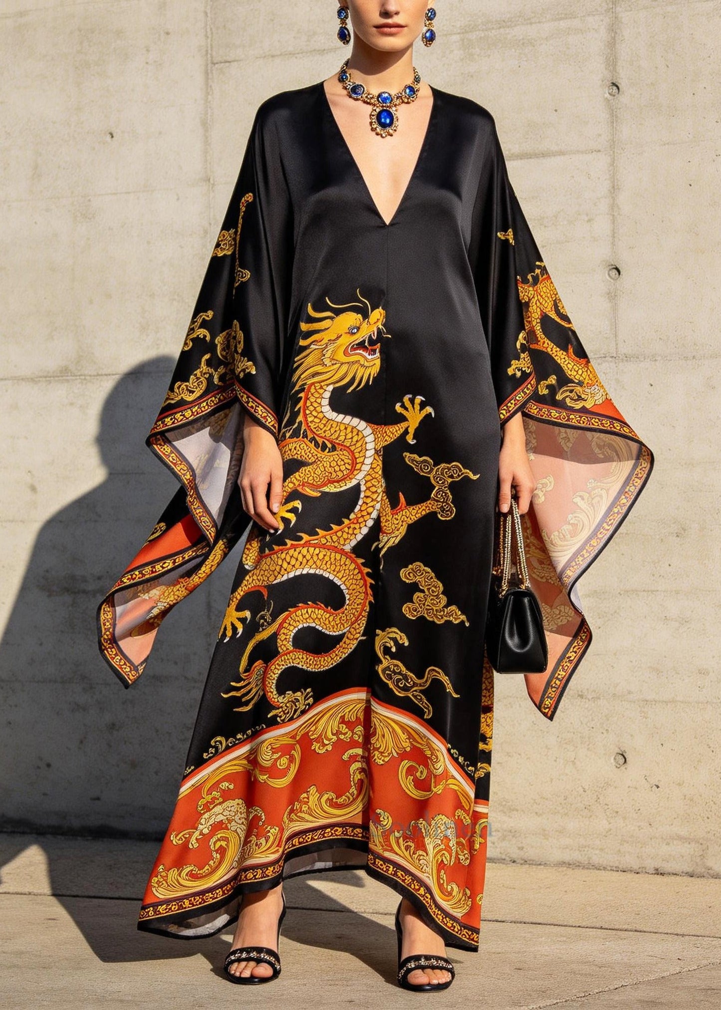 Chinese Style Black Oversized Print Chiffon Maxi Dress Batwing Sleeve