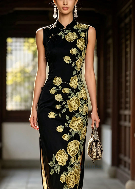 Chinese Style Black Stand Collar Print Tulle Dress Sleeveless
