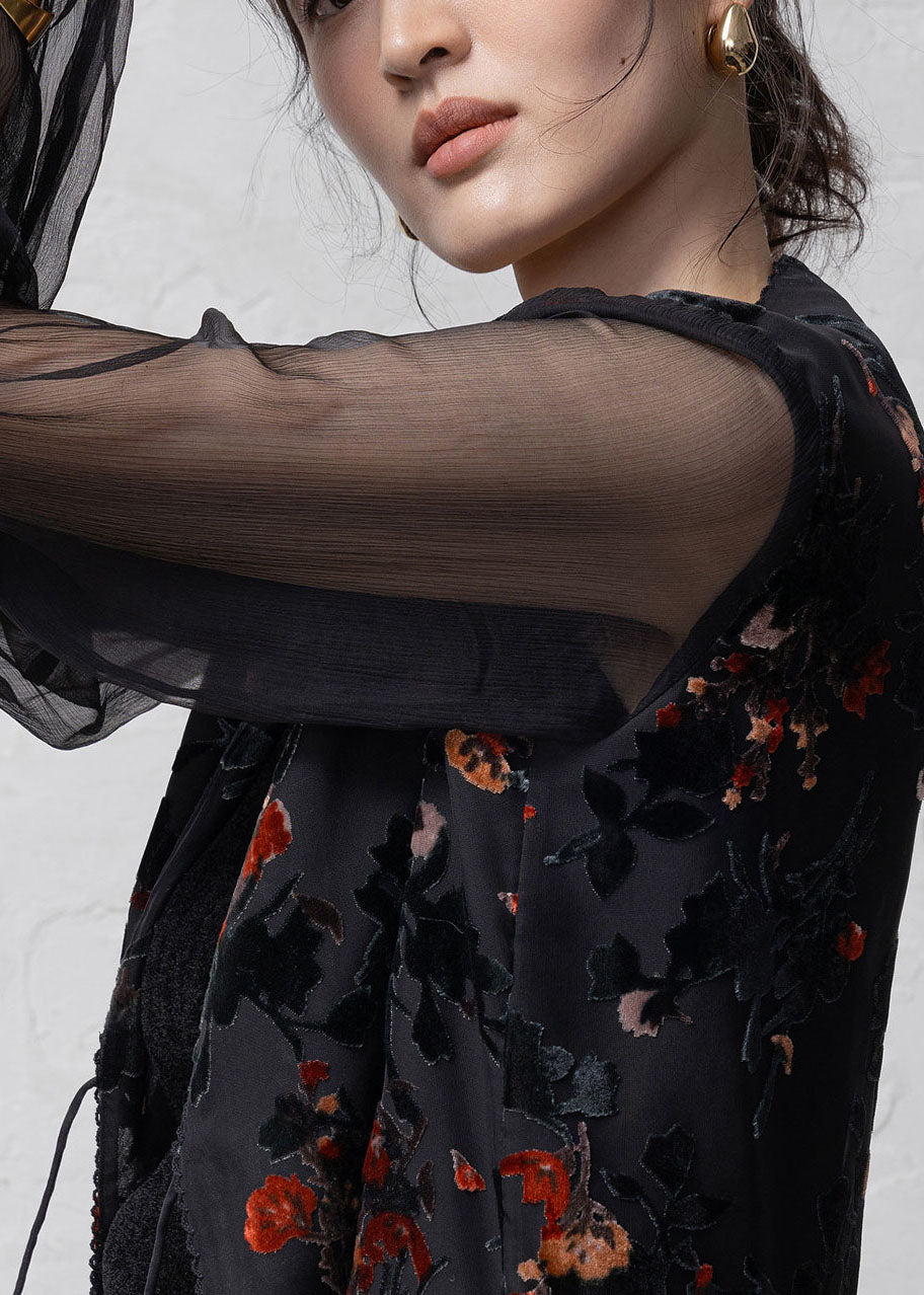 Chinese Style Black V Neck Jacquard Lace Up Silk Cardigans Summer