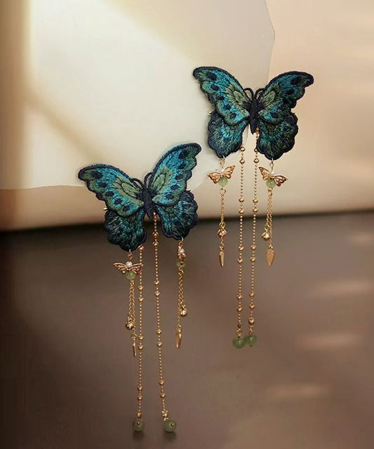 Chinese Style Blue Alloy Coloured Glaze Embroidery Butterfly Tassel Hairpin
