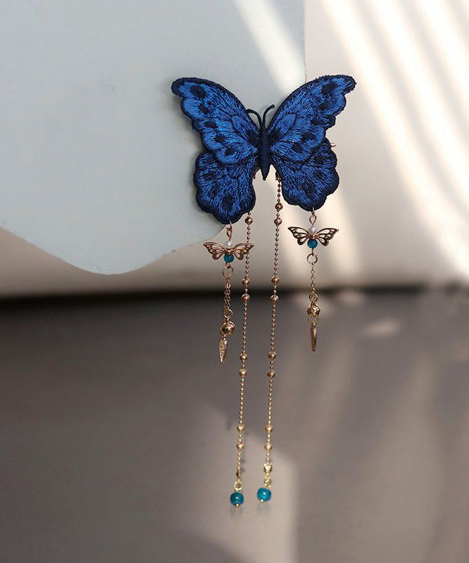 Chinese Style Blue Alloy Coloured Glaze Embroidery Butterfly Tassel Hairpin