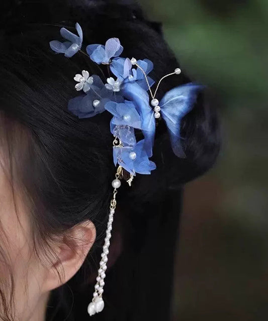 Chinese Style Blue Alloy Silk Floral Pealr Tassel Hairpin