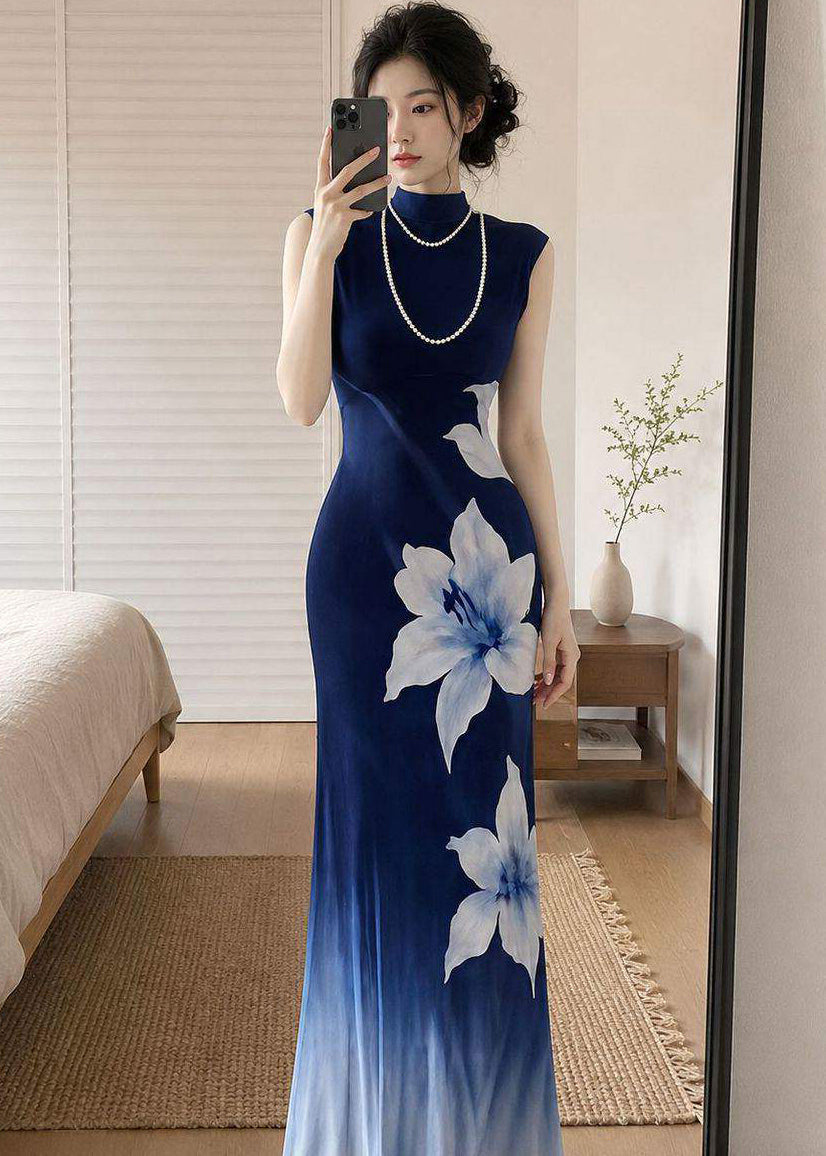 Chinese Style Blue Gradient Print Tulle Long Dress Summer