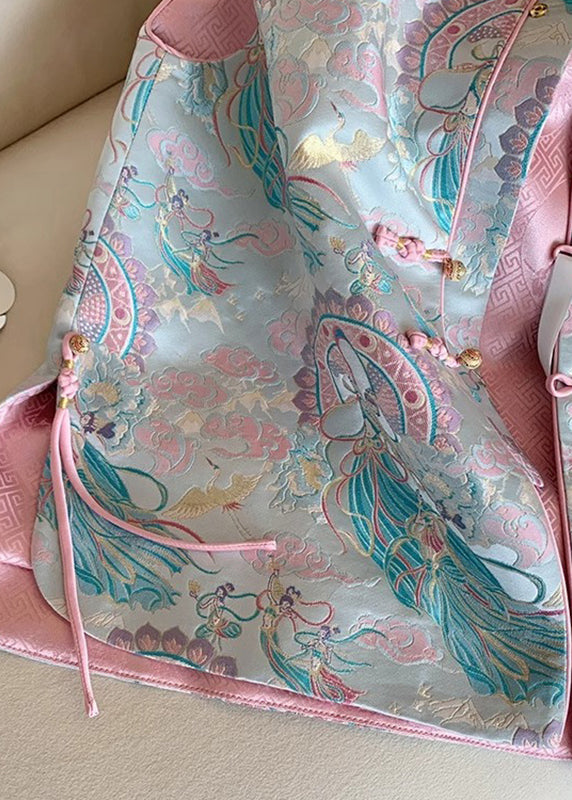 Ärmellose Weste im chinesischen Stil mit blauem Stehkragen und Print, ärmellos