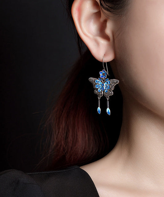 Pendientes colgantes con borlas de mariposa y flor de ciruelo en plata de ley azul cloisonné de estilo chino