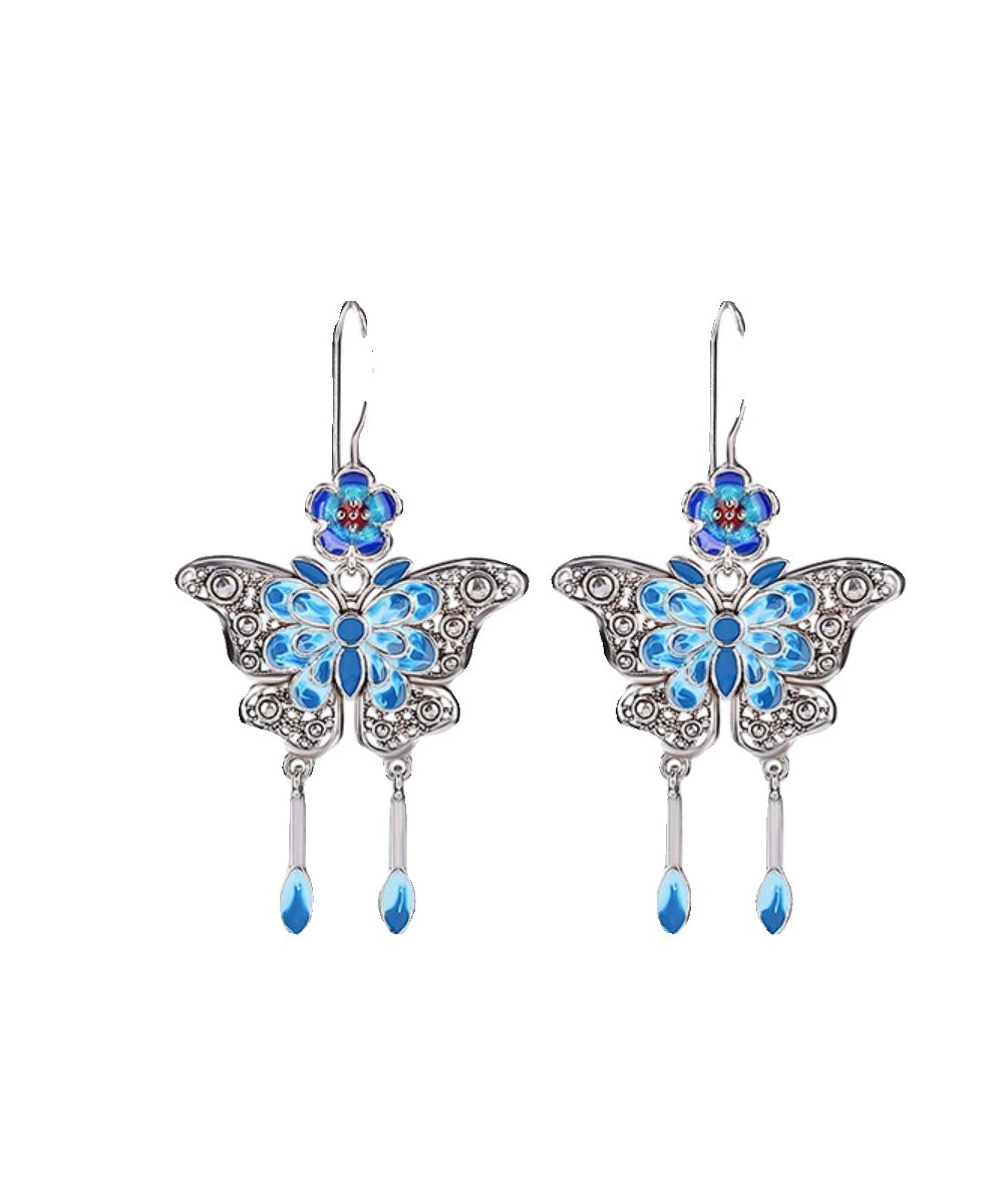 Pendientes colgantes con borlas de mariposa y flor de ciruelo en plata de ley azul cloisonné de estilo chino