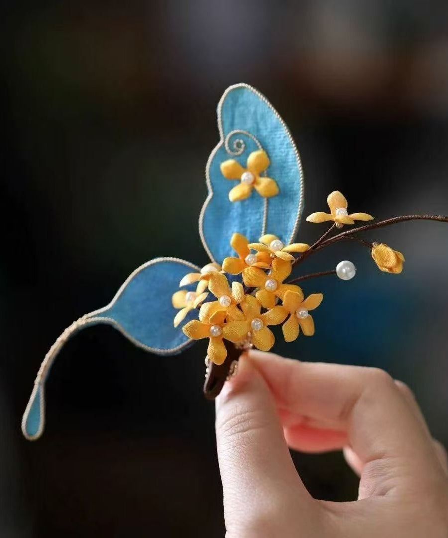 Haarnadel im chinesischen Stil aus blauem Sterlingsilber mit vergoldetem Schmetterlingsmotiv und Osmanthusblüte