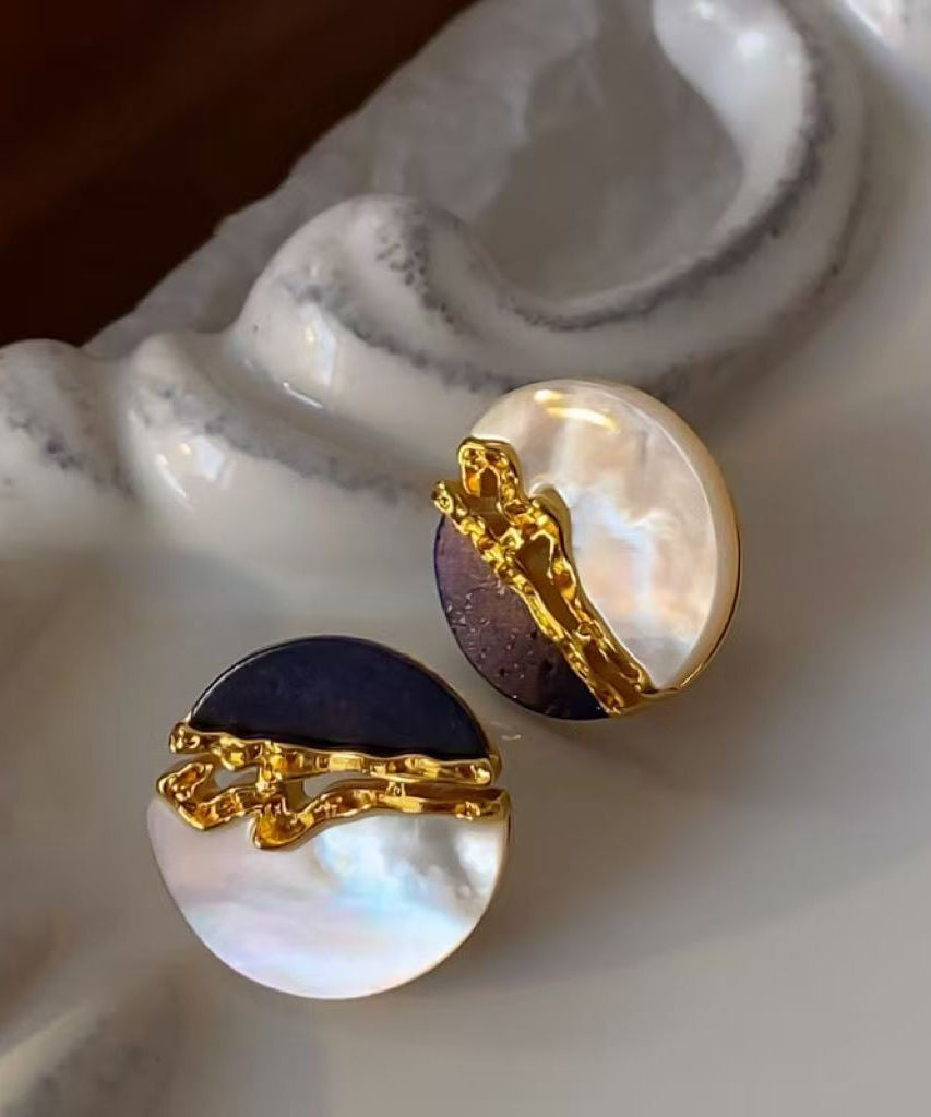 Chinese Style Blue White Patchwork Copper Overgild Shell Stud Earrings