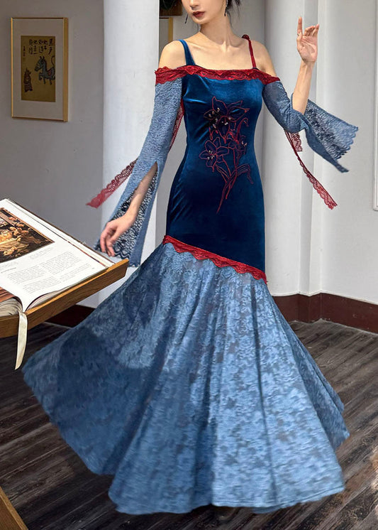 Langes Kleid im chinesischen Stil mit Farbblock-Design, U-Ausschnitt, Spitzen-Patchwork und Seidensamt-Details für den Herbst