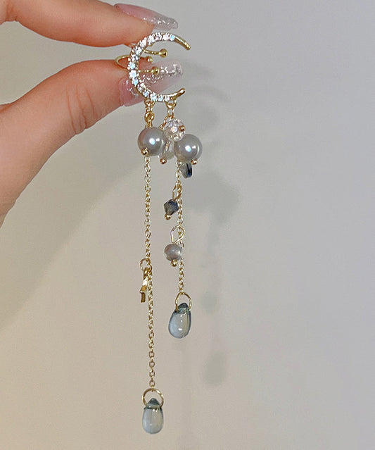 Ohrringe im chinesischen Stil, vergoldet mit Kupfer, Zirkonia und Mondquaste