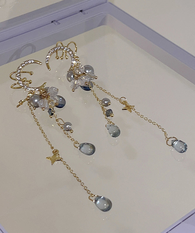 Ohrringe im chinesischen Stil, vergoldet mit Kupfer, Zirkonia und Mondquaste