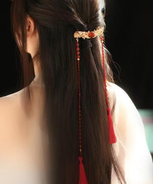 Chinese Style Green Copper Overgild Agate Pearl Tassel Hairpin