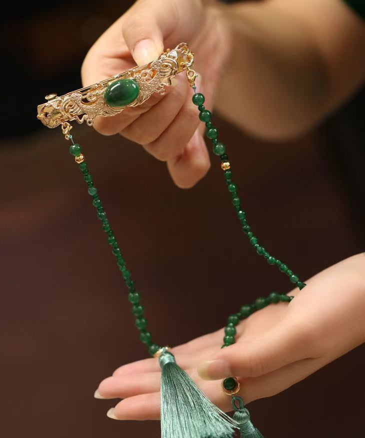 Chinese Style Green Copper Overgild Agate Pearl Tassel Hairpin