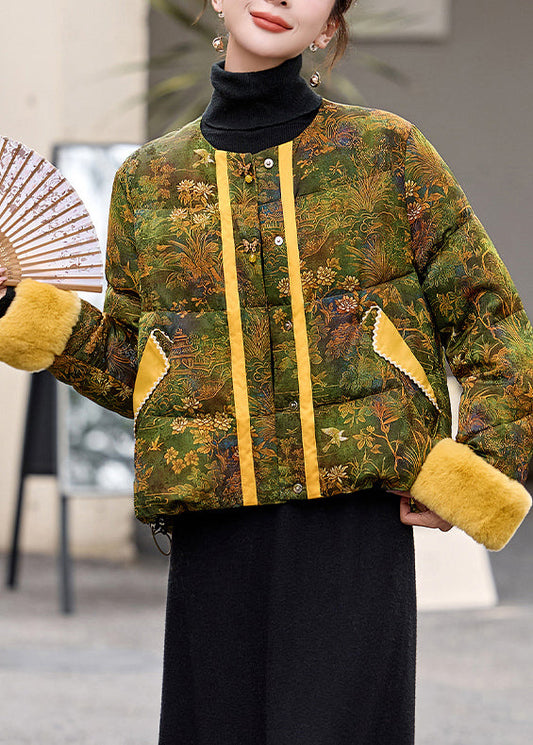Abrigo de plumón de pato con cuello redondo y estampado verde estilo chino para invierno