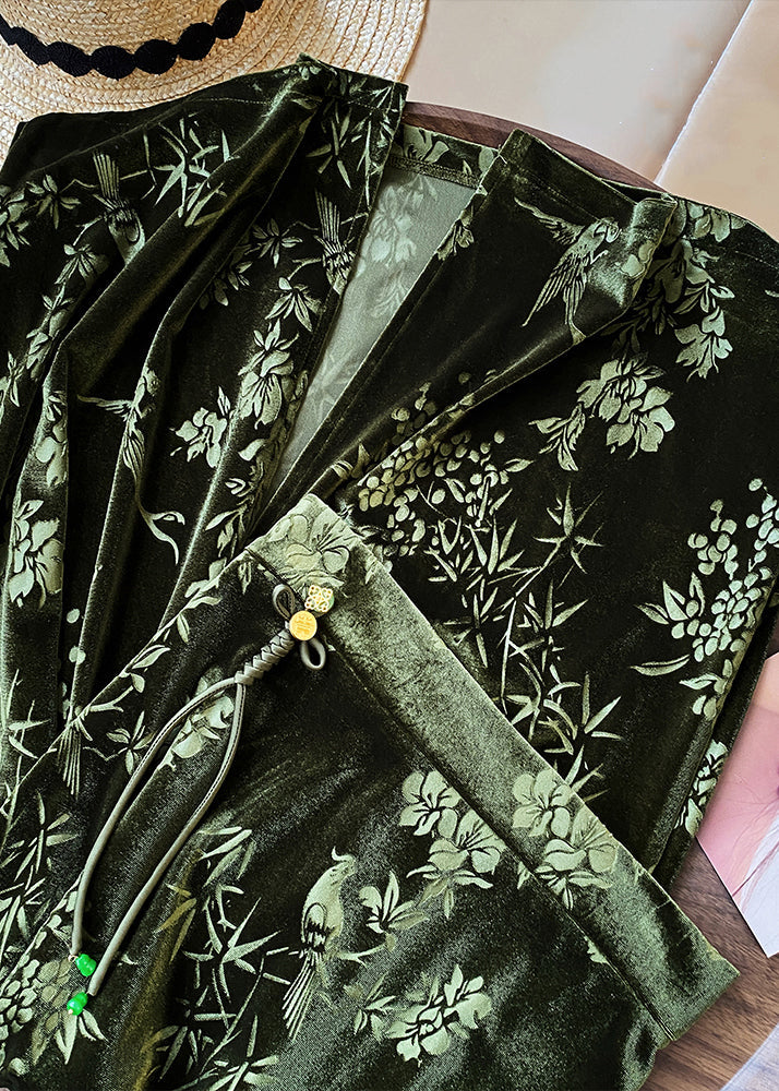 Faldas de terciopelo de seda con cintura alta, espalda abierta y estampado verde estilo chino