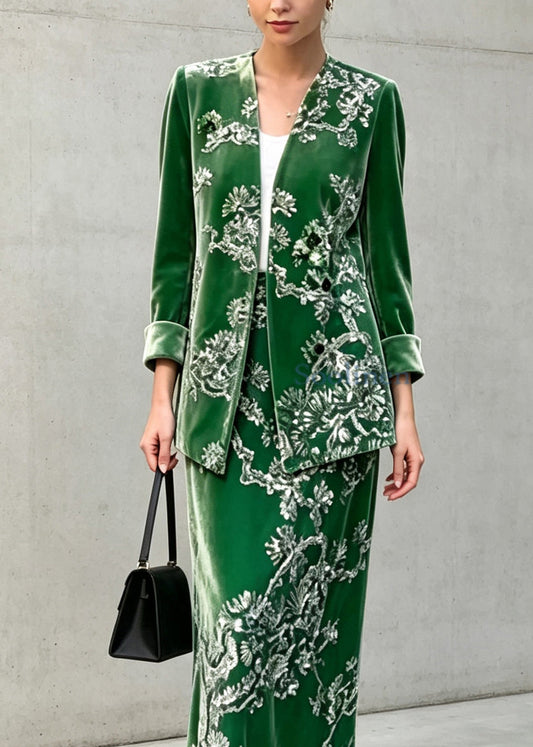 Chinese Style Green Sequins Velvet Top And Skirts Two Pieces Set Fall