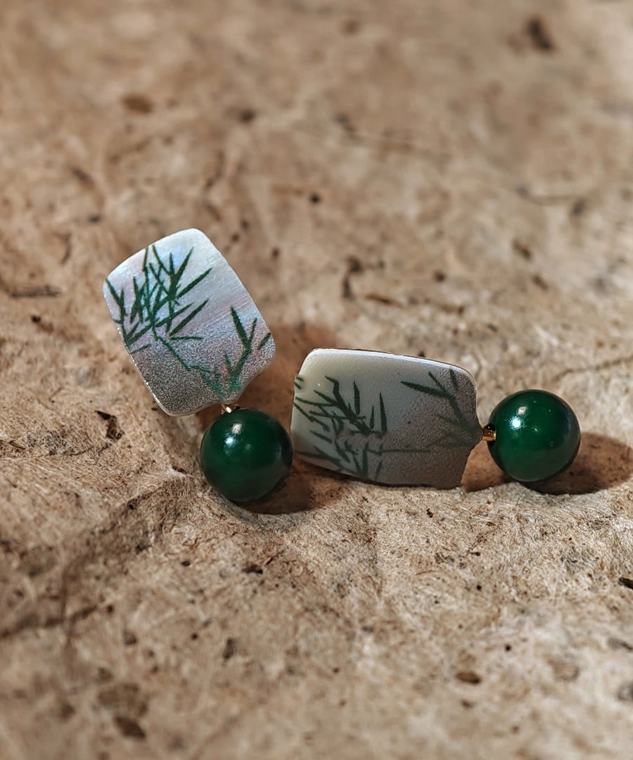 Chinese Style Green Sterling Silver Overgild Agare Drop Earrings