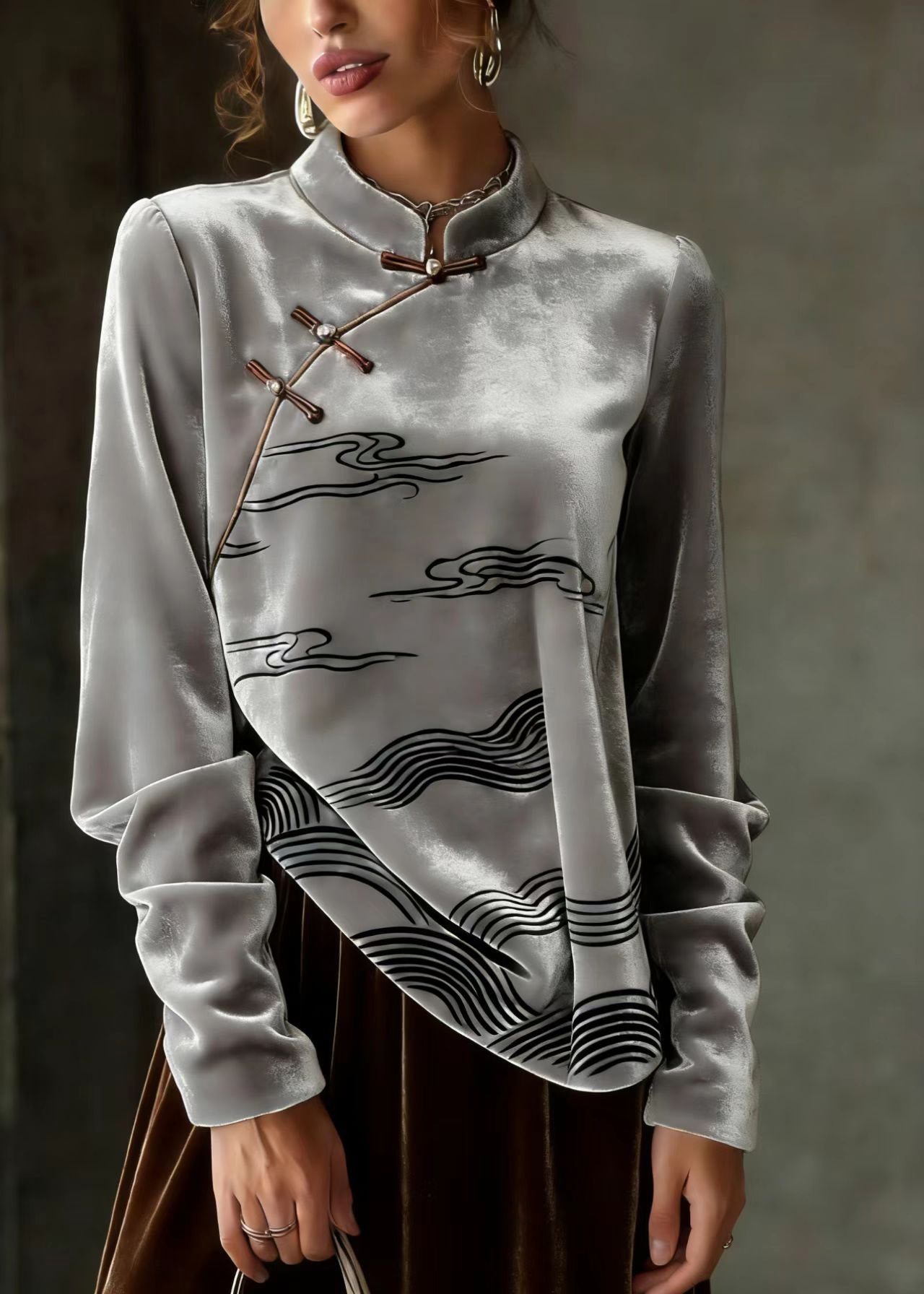 Chinese Style Grey Oriental Button Velour Shirts Spring