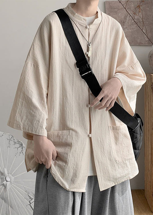 Camisa de lino extragrande para hombre, estilo chino, color caqui claro, con bolsillos y botones