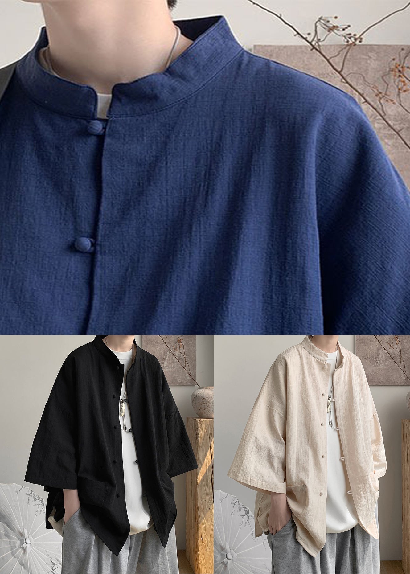 Herrenhemd im chinesischen Stil, hellkhaki, mit Knopfleiste und Taschen, übergroß, aus Leinen