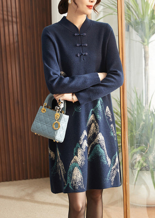 Vestido largo de punto de algodón con borlas y estampado azul marino estilo chino para primavera