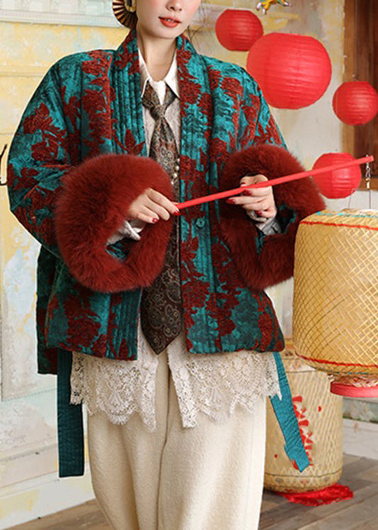 Chinese Style Peacock Blue V Neck Patchwork Tie Waist Fine Cotton Filled Parka Winter