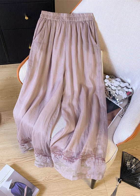 Chinese Style Pink Embroidered Patchwork Elastic Waist Wide Leg Pants