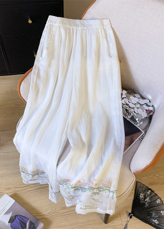 Chinese Style Pink Embroidered Patchwork Elastic Waist Wide Leg Pants